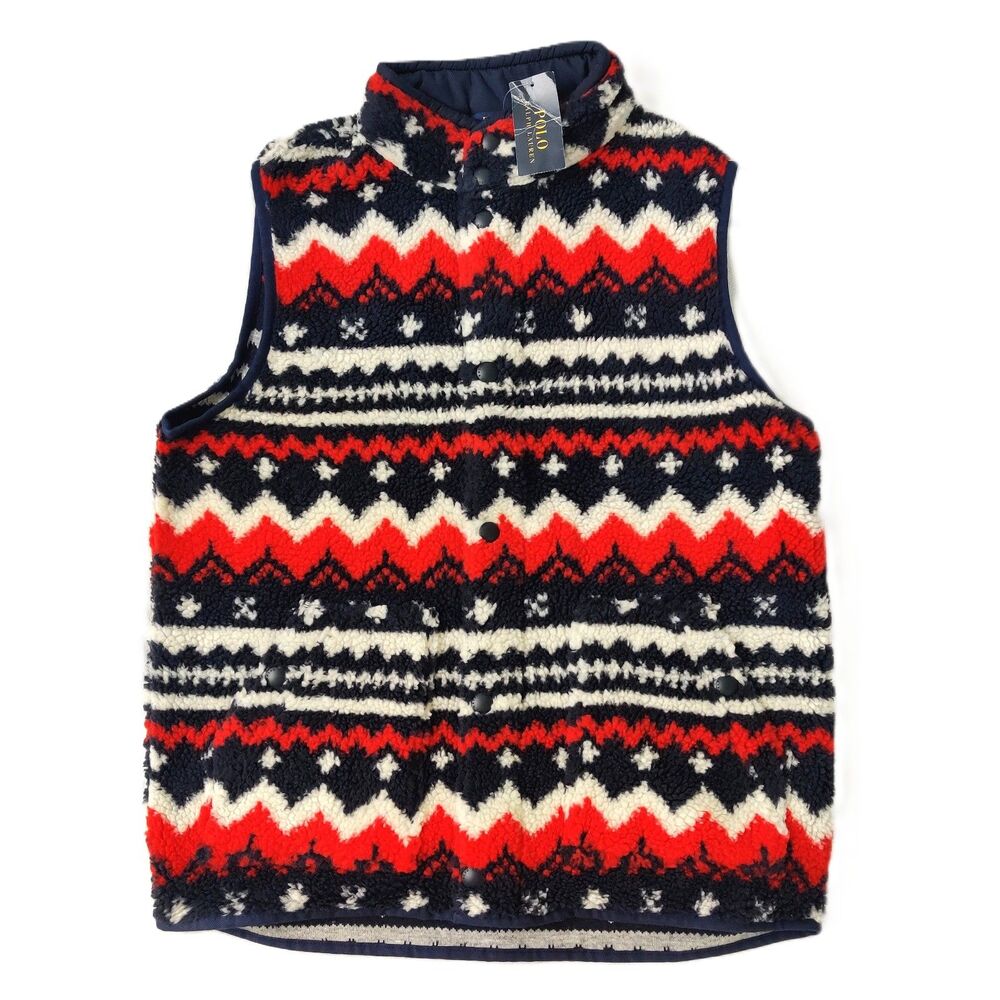 Polo Ralph Lauren Boys XL 18-20 Orange Blue Fair Isle Sherpa Fleece Vest NWT